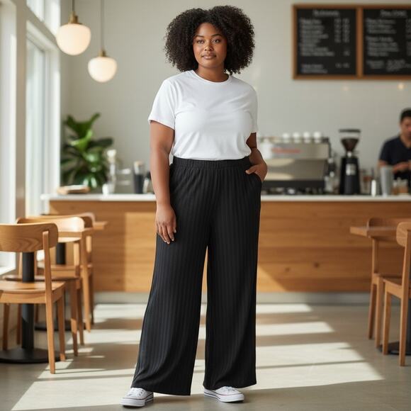 Eileen Fisher Pants L Black Tencel Wide Rib Straight Elastic Waist Pockets NWT - Picture 9 of 13